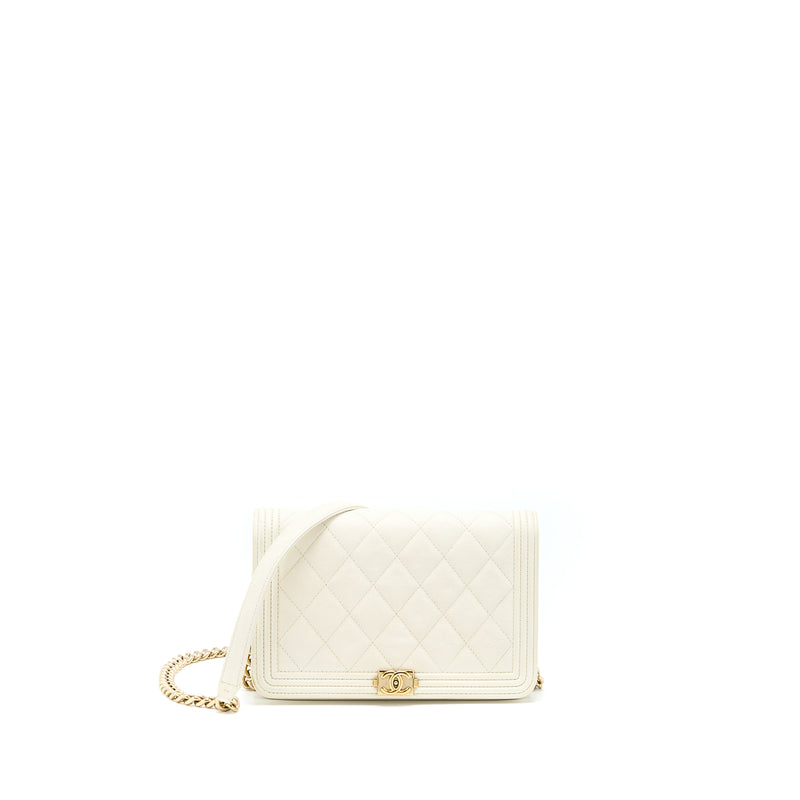 CHANEL Caviar Quilted Boy Wallet On Chain WOC White 878907