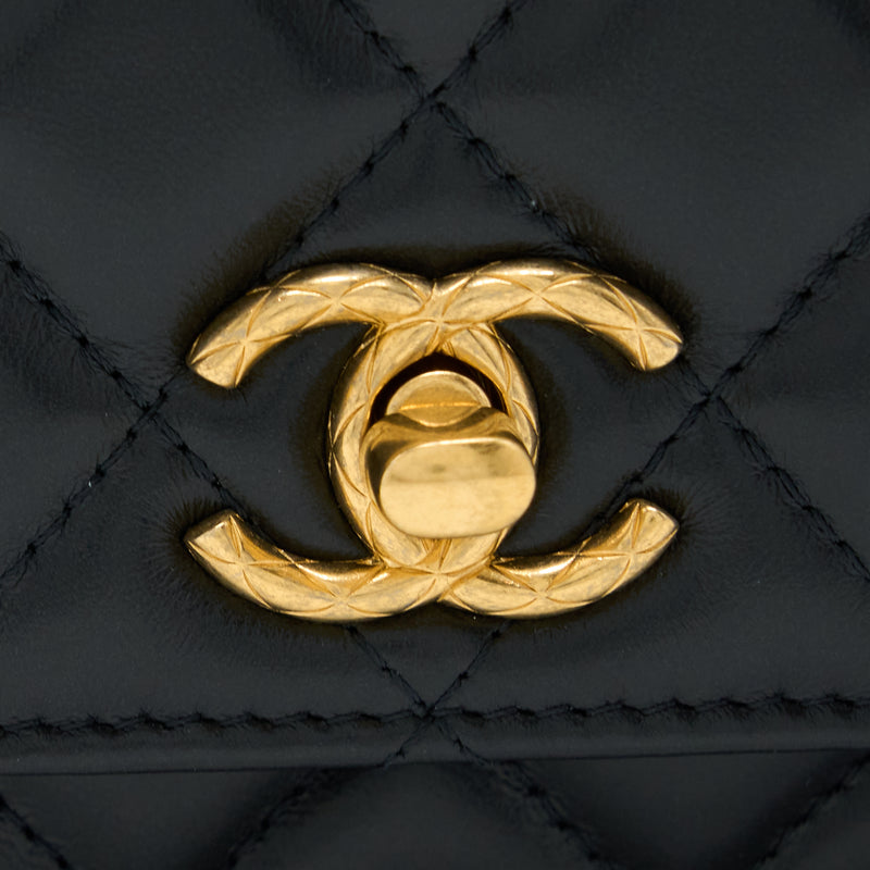 Chanel 22K Gold Pillar Wallet On Chain Lambskin Black Brushed GHW(Microchip)