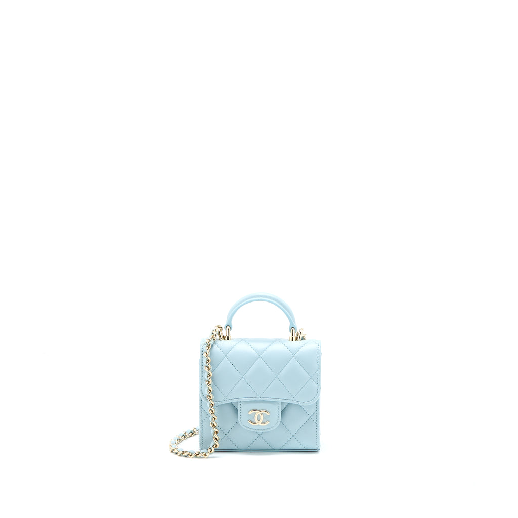 Chanel Flap Bag With Top Handle in Light Blue Lambskin & Wenge Wood 
