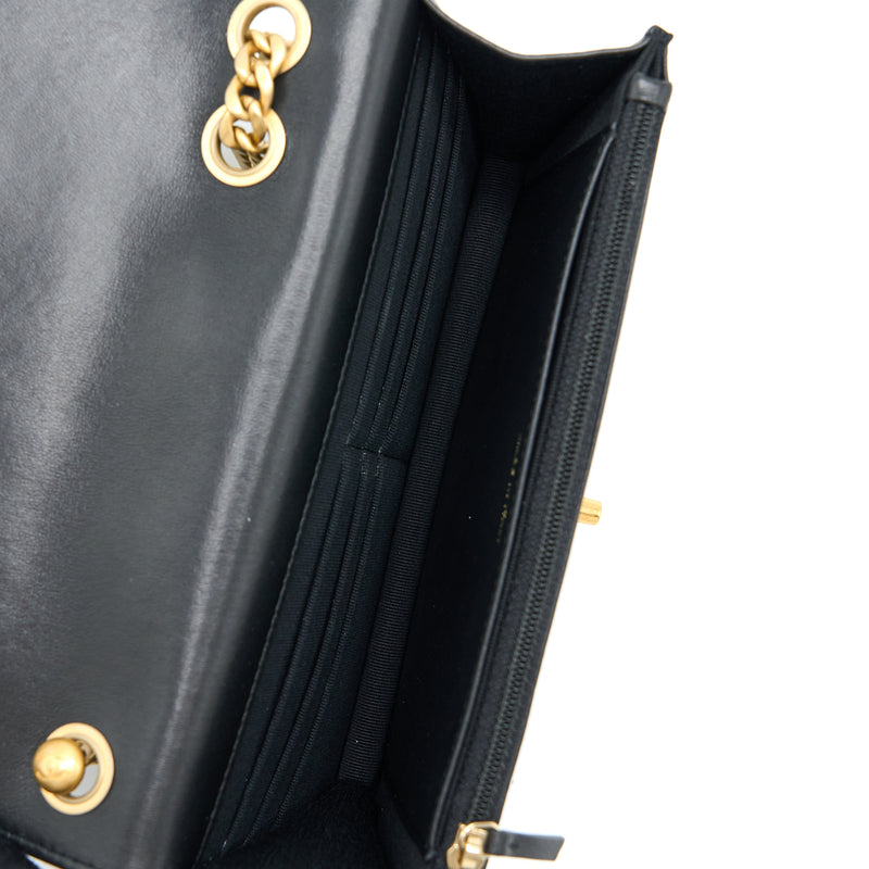 Chanel 22K Gold Pillar Wallet On Chain Lambskin Black Brushed GHW(Microchip)