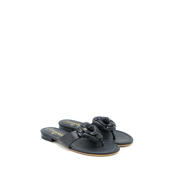 Chanel Size 36 Camelia Sandal Black Gold Tone