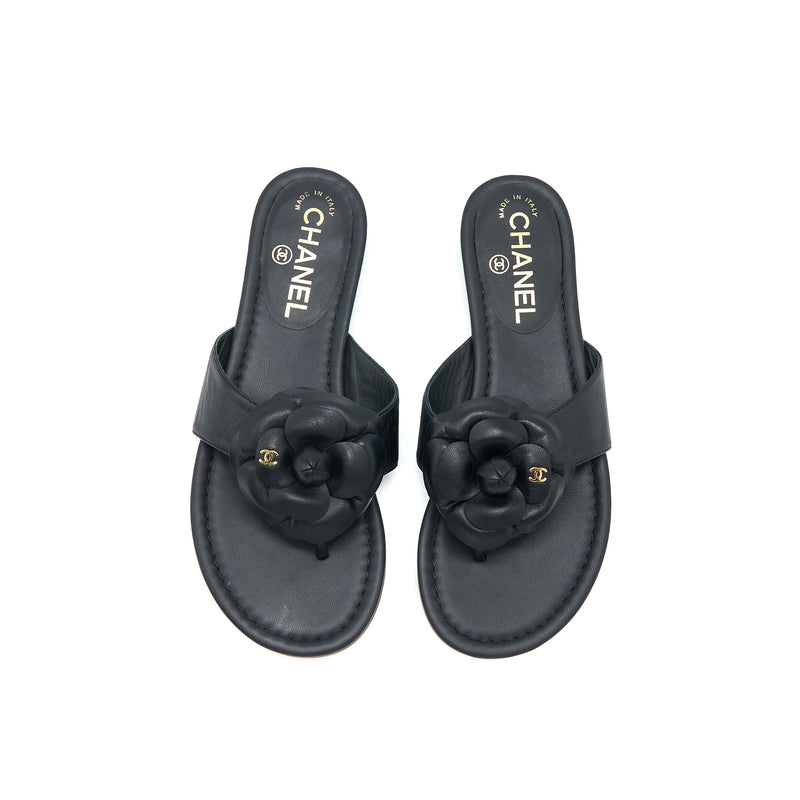 Chanel Size 36 Camelia Sandal Black Gold Tone