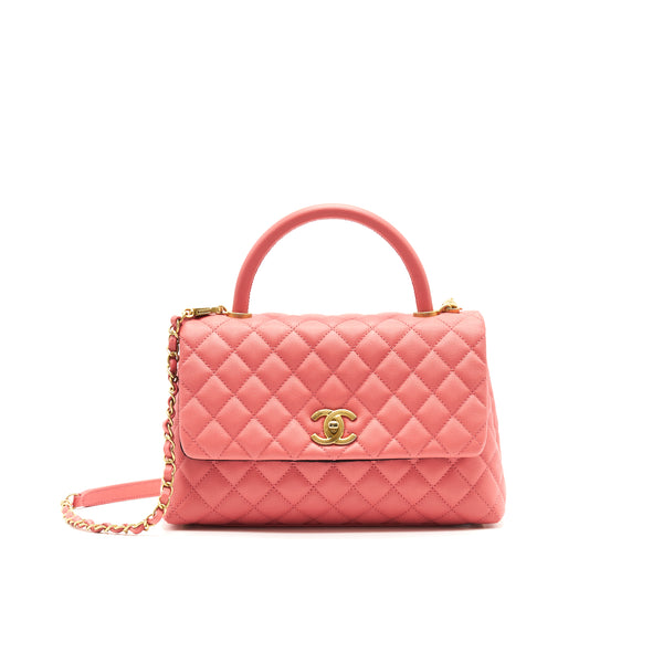 CHANEL SMALL COCO HANDLE FLAP BAG GRAINED CALFSKIN IN CORAL PINK GHW