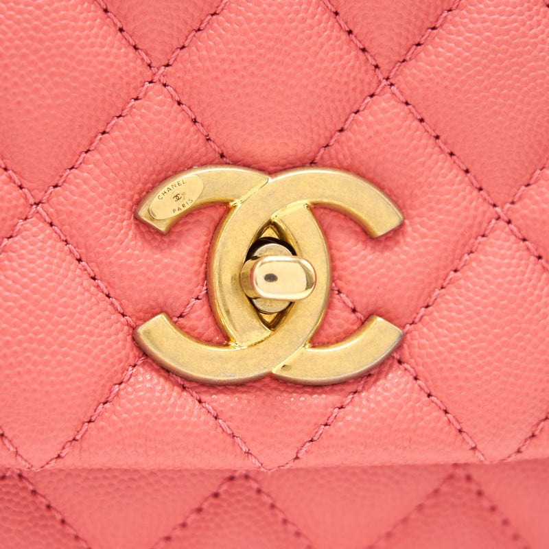 CHANEL SMALL COCO HANDLE FLAP BAG GRAINED CALFSKIN IN CORAL PINK GHW