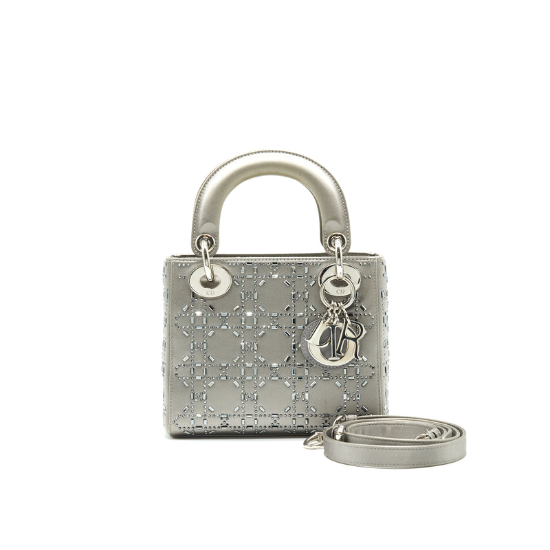 CHRISTIAN DIOR Satin Crystal Cannage Mini Lady Dior Gray