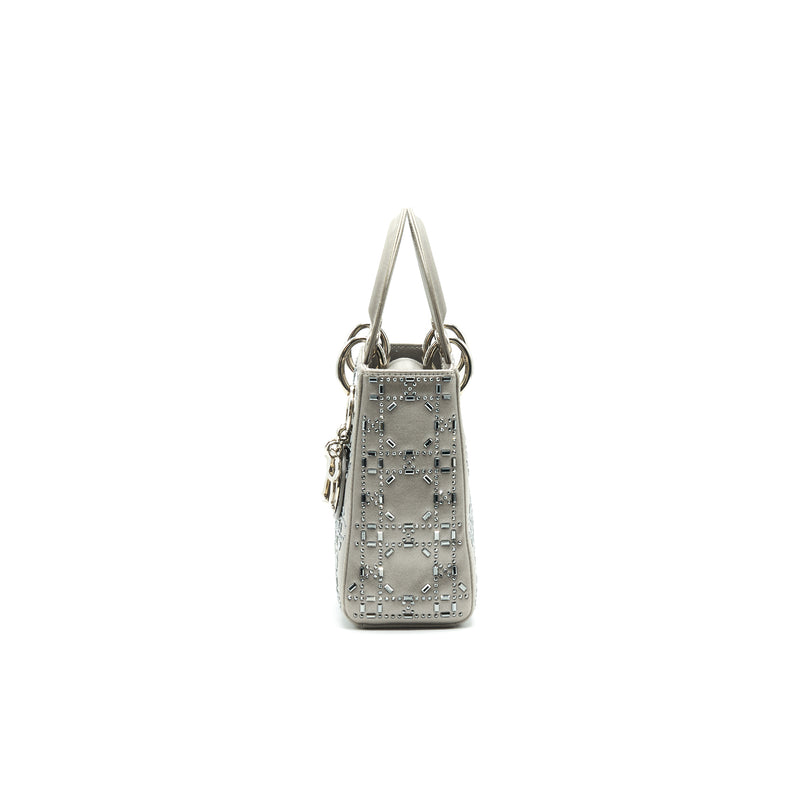 CHRISTIAN DIOR Satin Crystal Cannage Mini Lady Dior Gray