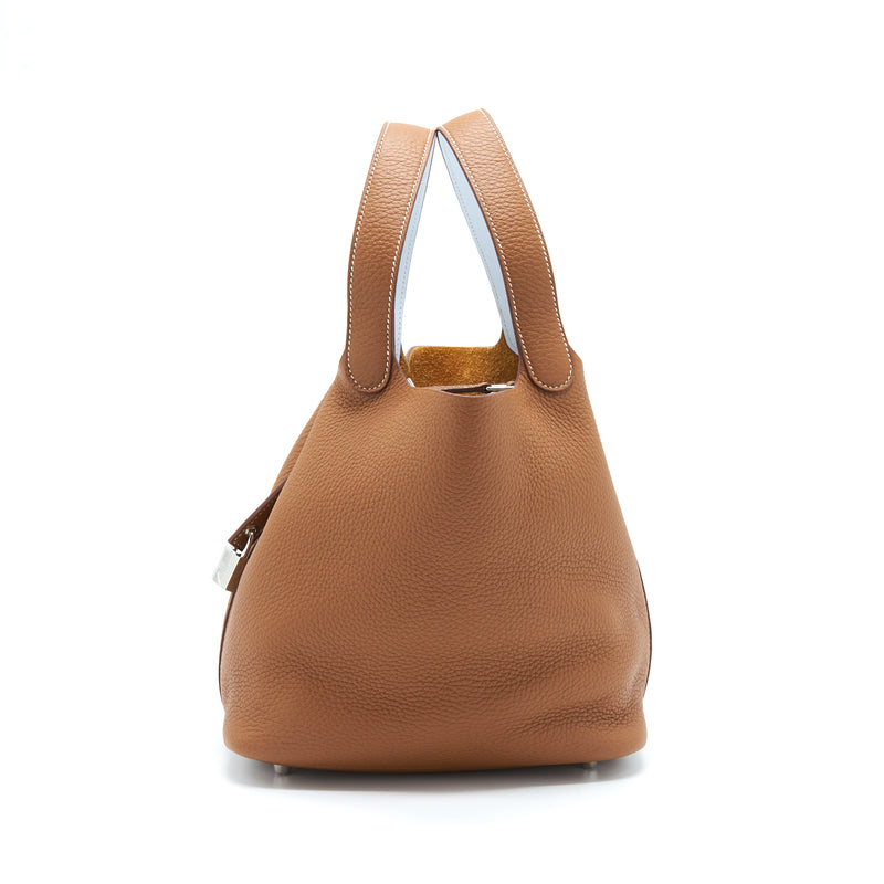 Hermes Picotin 22 Lock Bag Clemence Gold / Blue Brume SHW Stamp Z