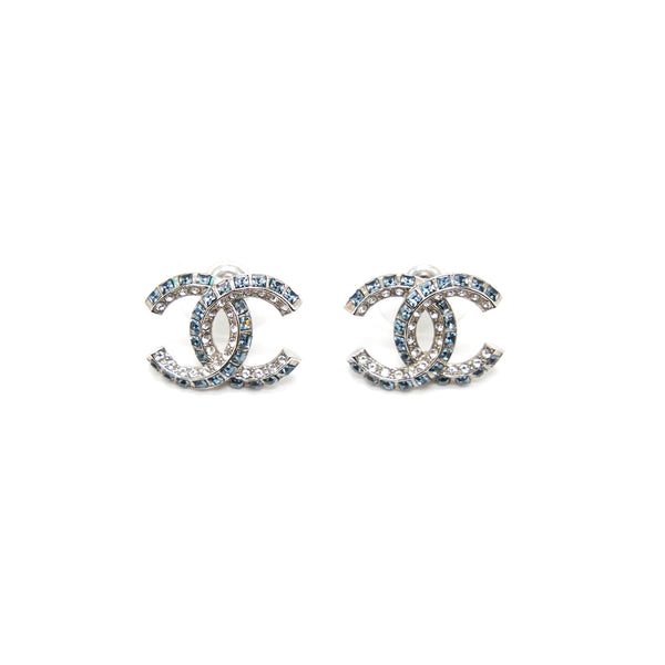Chanel CC Crystal Stud Earrings in Blue and White Crystals
