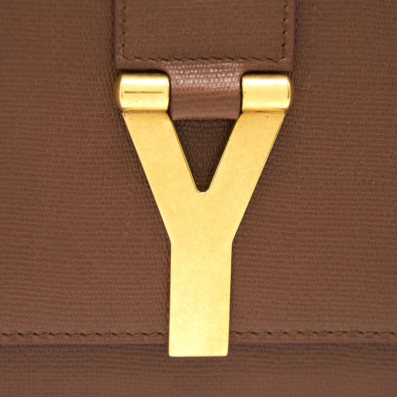 YSL Y Logo Calfskin Leather Clutch Brown