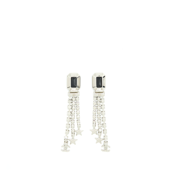 Chanel Square With Crystal And Star Dropping Earrings Silver Tone