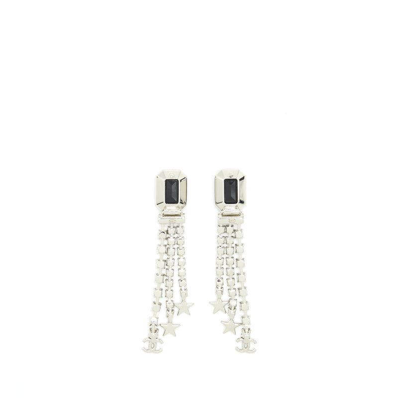 Chanel Square With Crystal And Star Dropping Earrings Silver Tone