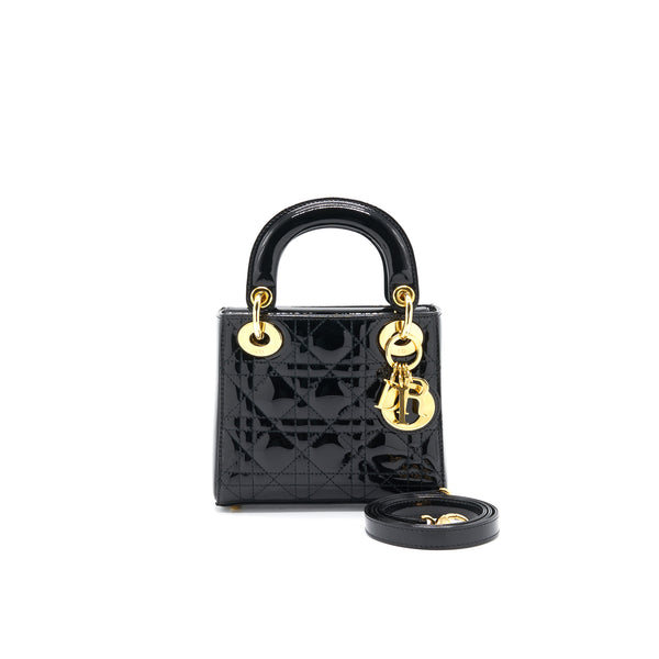 DIOR MINI LADY DIOR PATENT LEATHER BLACK WITH GOLD CHAIN