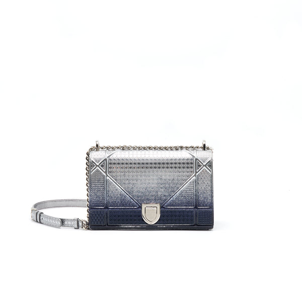 CHRISTIAN DIOR DIORAMA MEDIUM FLAP BAG METALLIC CALFSKIN SILVER AND NAVY