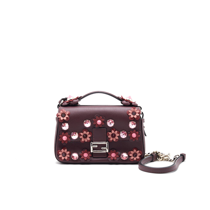 Fendi Plum Flowerland Leather Double Micro Baguette Bag