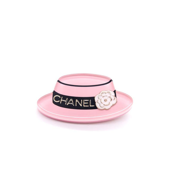 Chanel Resin Icon Manga Hat Brooch Pink White Gold - EMIER