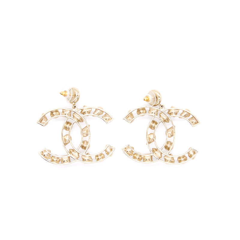 Chanel Crystal Pearl Hoop Earrings CC Gold 2019