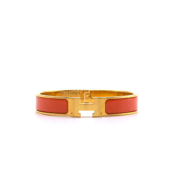 Hermès Clic H Orange Enamel Gold Plated Narrow Bracelet GM - EMIER