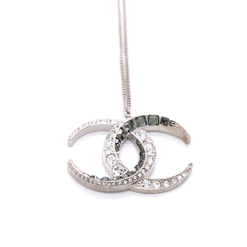 Chanel CC Crystal Silver Tone Pendant Necklace - EMIER