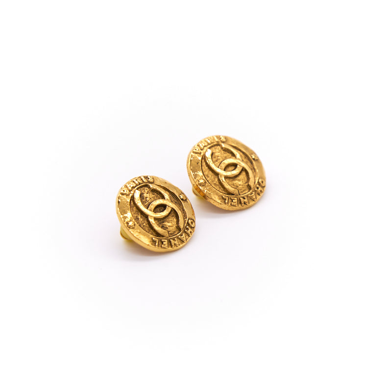 Chanel Vintage Engraved Gold Tone Clip-On Earrings - EMIER