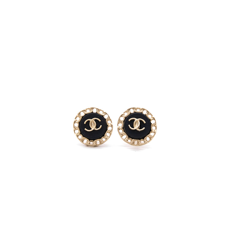 Chanel Vintage CC Onyx  Gold Tone stud Earrings