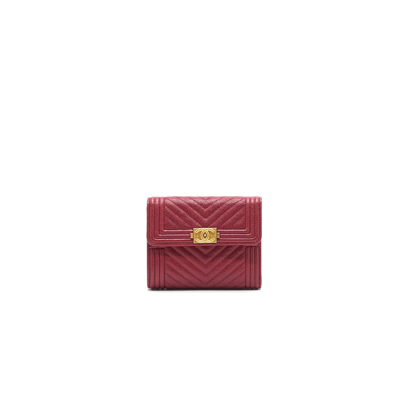 Chanel Caviar Chevron Quilted Boy Compact Wallet Red