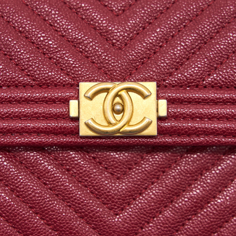 Chanel Caviar Chevron Quilted Boy Compact Wallet Red