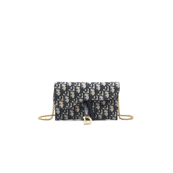 Dior Saddle Wallet with Chain Blue Oblique Jacquard