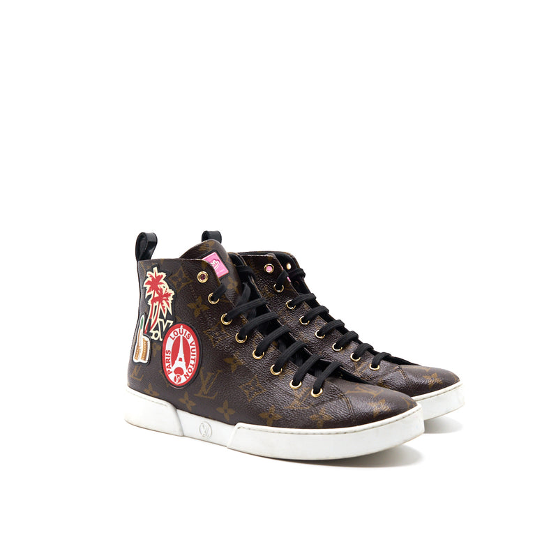 Louis Vuitton Brown Monogram Canvas and Black Leather High Top Sneakers - EMIER