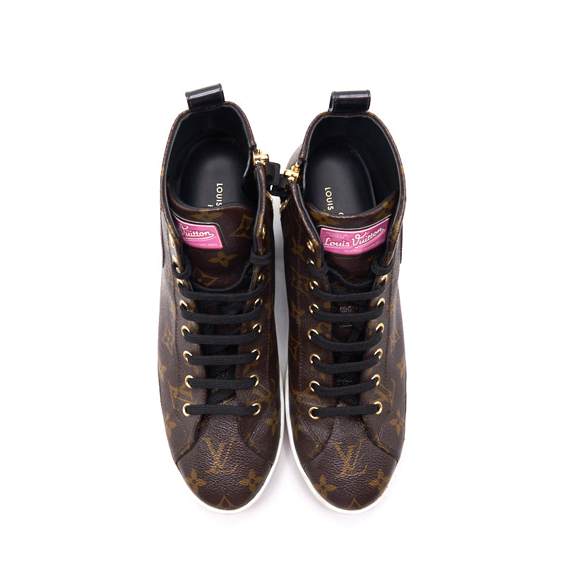 Louis Vuitton Brown Monogram Canvas and Black Leather High Top Sneakers - EMIER