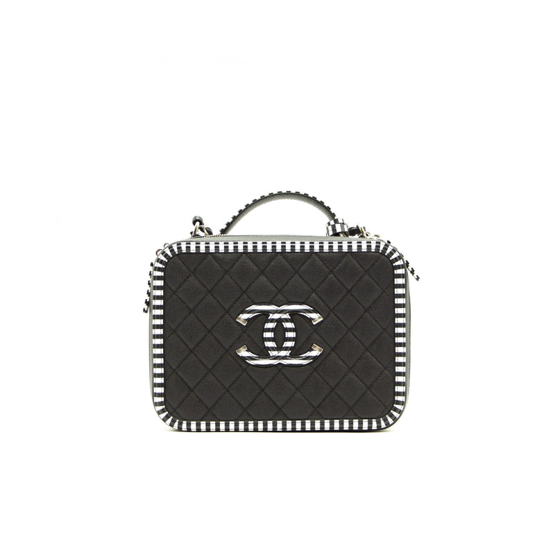 Chanel Black and White Striped Caviar Large Filigree Vanity Case Bag - EMIER