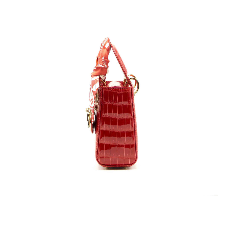 Dior Red Crocodile Mini Crystal Studded Lady Dior Tote With Silk Scarf - EMIER