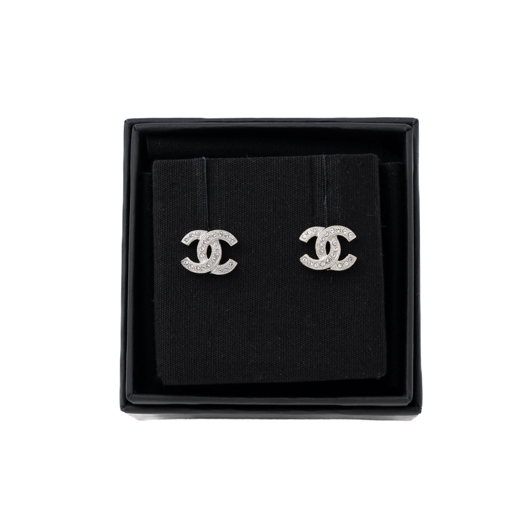 Chanel Mini Classic CC Logo Earrings Silver Tone